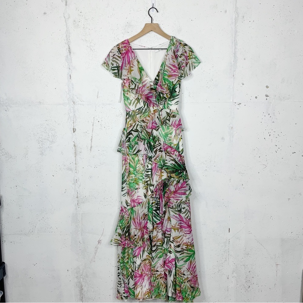 Barley Mischka Palm Floral Print Ruffle Wrap Gown Dress Size 0